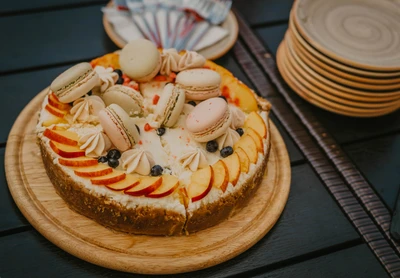 Leckere Käsekuchen, verziert mit frischen Früchten, Makronen und Sahnewirbeln, serviert auf einem rustikalen Holztablett.