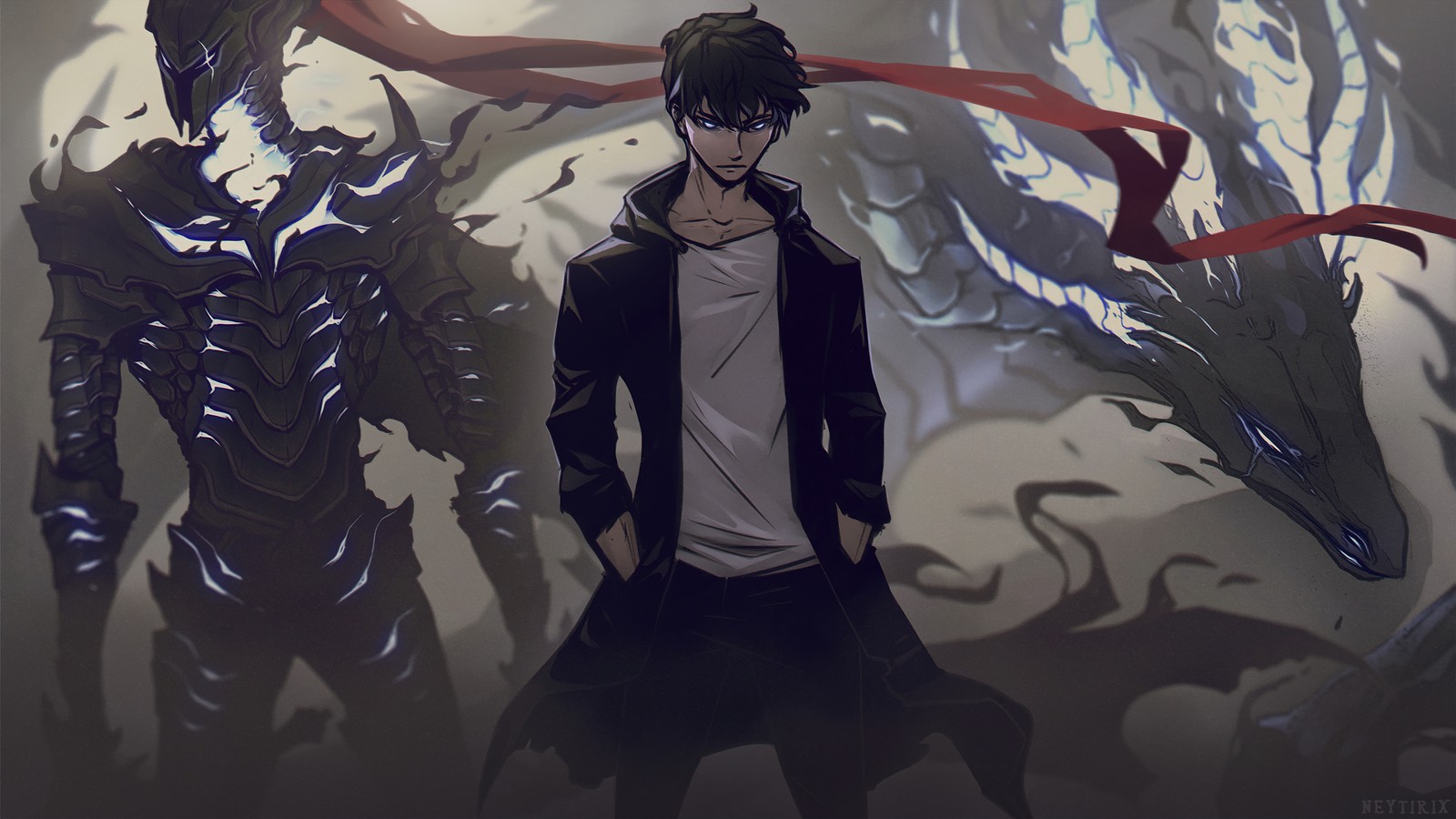 Anime characters standing in front of a dragon and a demon (solo leveling, manhwa, sung jinwoo, 성진우 sung jin woo, shadows)