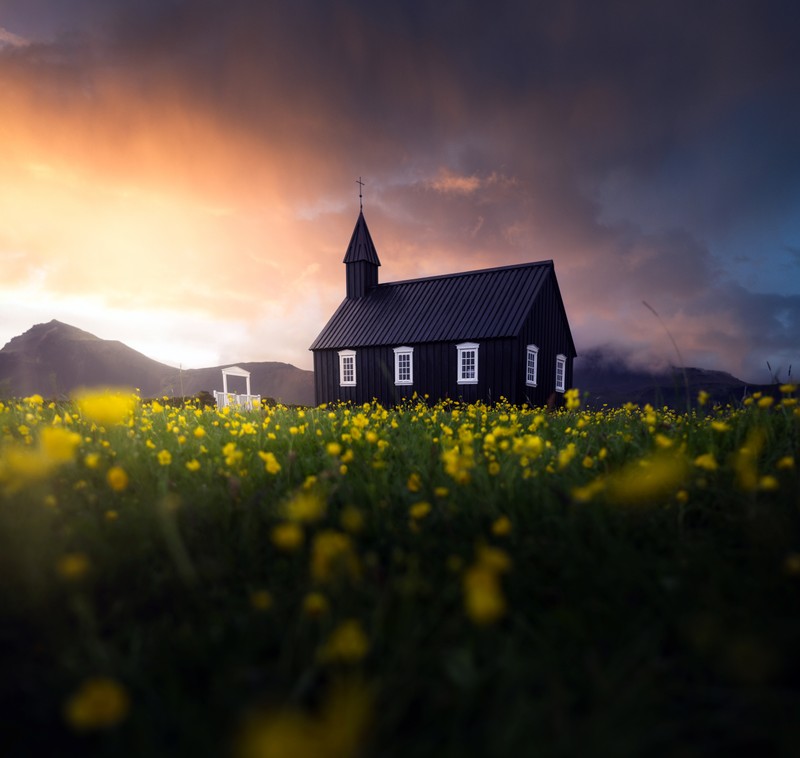 Церковь на поле с желтыми цветами и темным небом (black church of budir, пейзаж, исландия, религиозный, часовня)