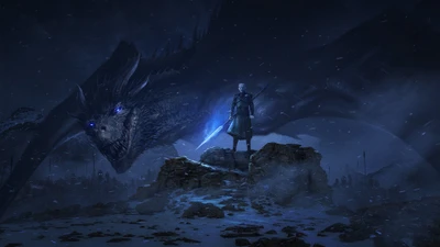 Night King Commanding His Dragon in a Frozen Fantasy Realm