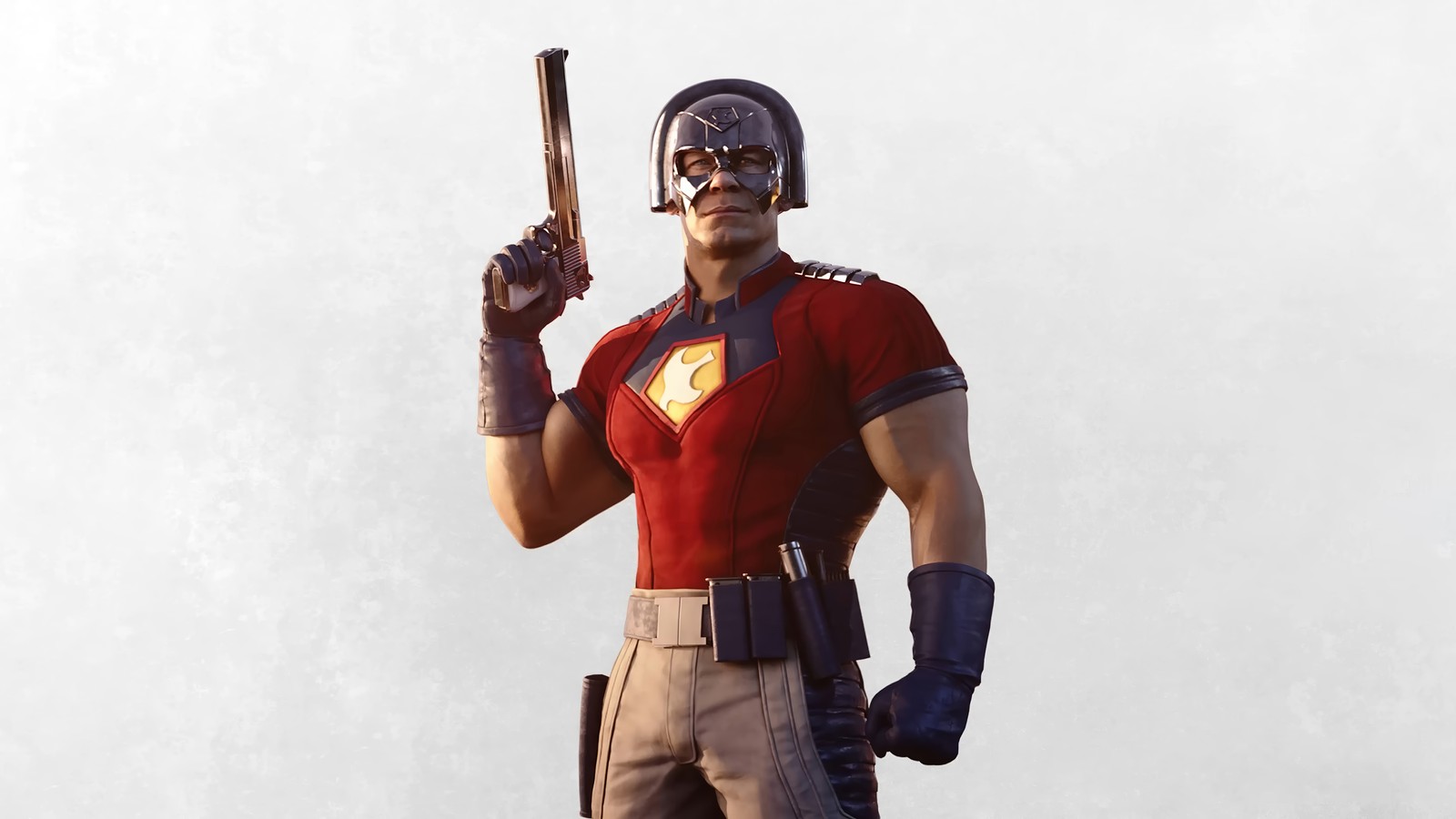 Arafed man in a red shirt and a helmet holding a baseball bat (peacemaker, mortal kombat 1, video game, mortal kombat, mk1)