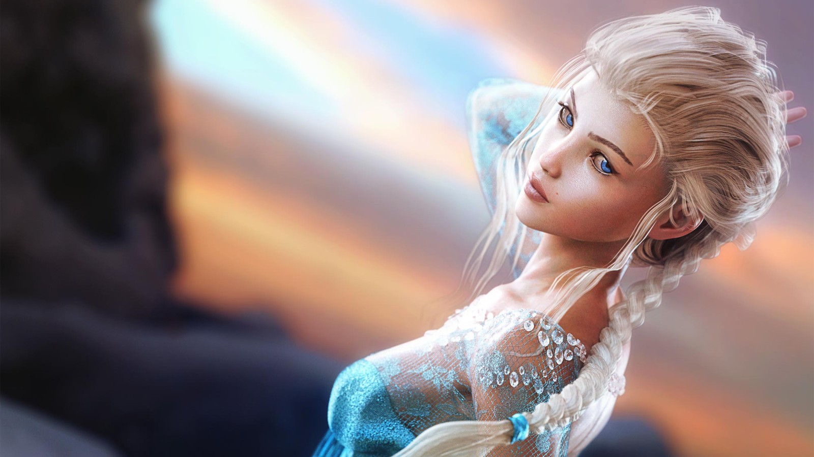 There is a woman with long hair and a blue dress (elsa, fan art, art, digital art, work of art)