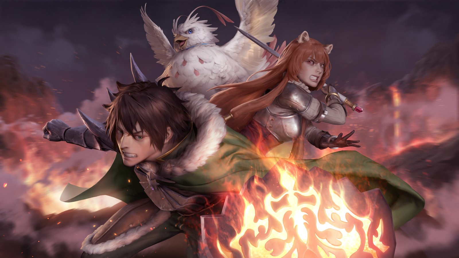 Um casal de personagens de anime montando em cima de um fogo (naofumi, raphtalia, filo, the rising of the shield hero, tate no yuusha no nariagari)