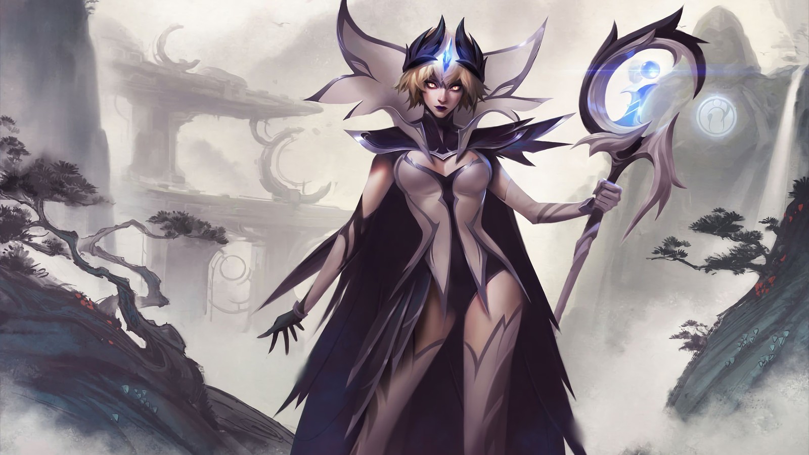 A woman in a long dress holding a blue light in her hand (leblanc, splash art, league of legends, lol, video game)