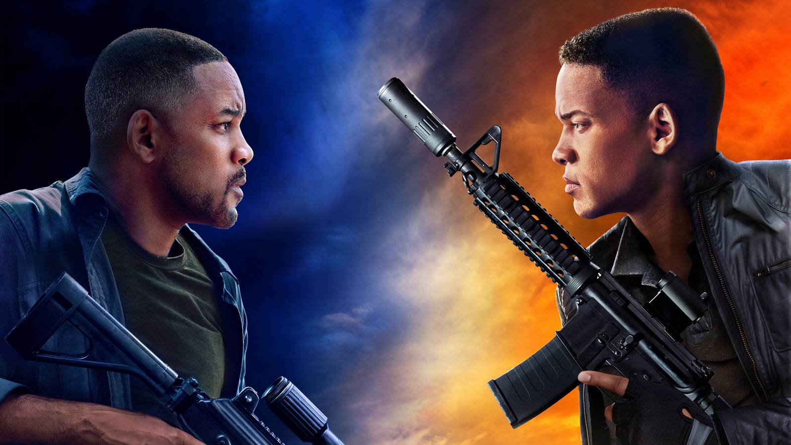 Dos hombres con armas frente a un atardecer (gemini man, película, 2019, cartel, will smith)