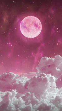 Enchanted Night Sky: A Pink Moon Amidst Dreamy Clouds