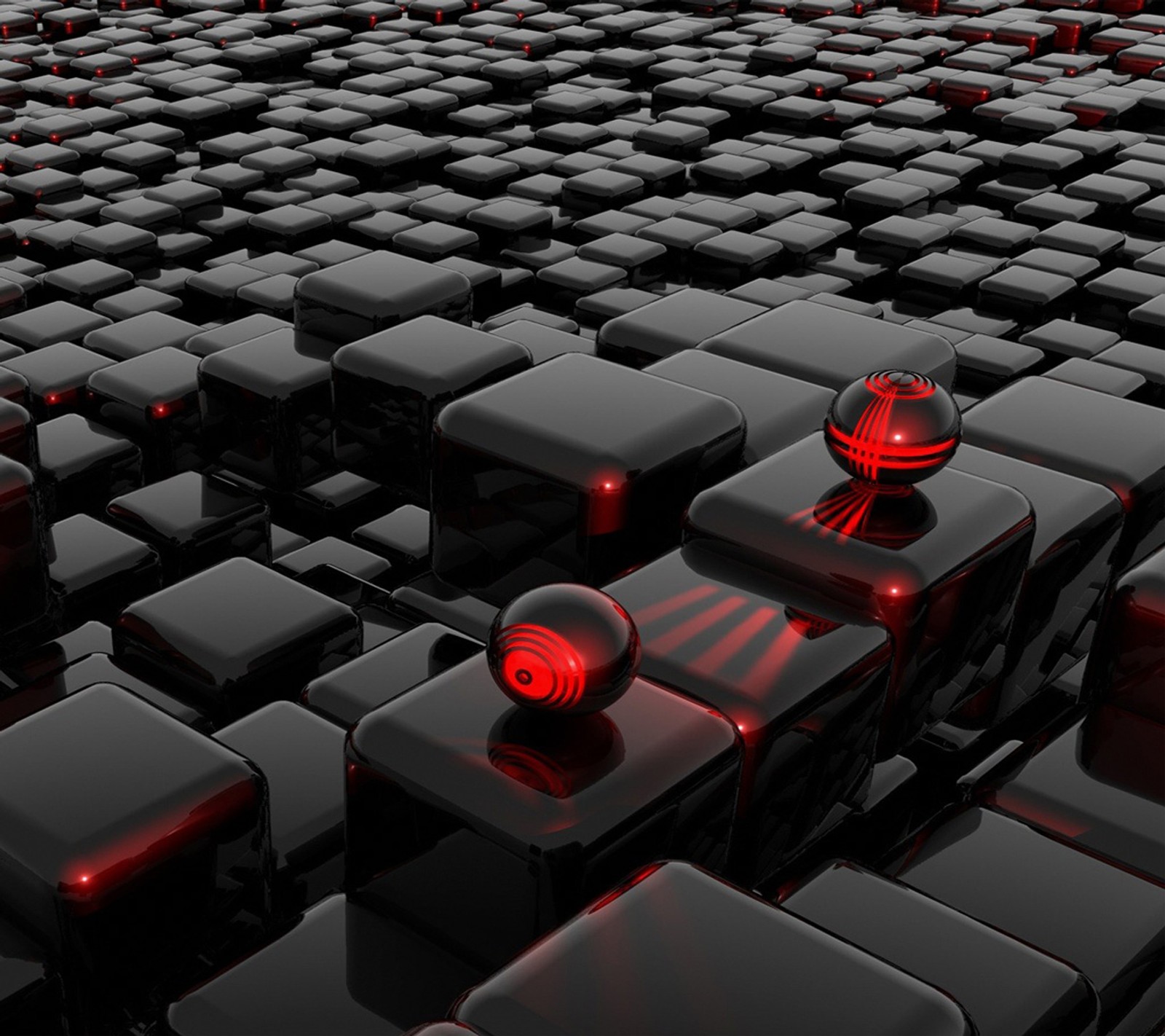 Il y a beaucoup de lumières rouges sur le dessus des cubes noirs (3d, noir, floor ball, graphiques)