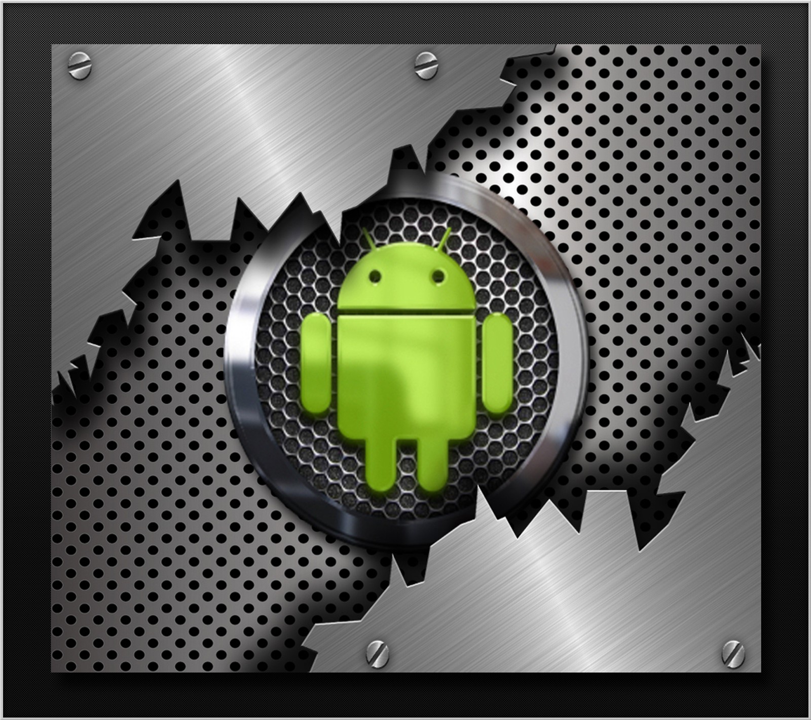 A close up of a metal plate with a green android logo (android, design, droid, logo, phone)