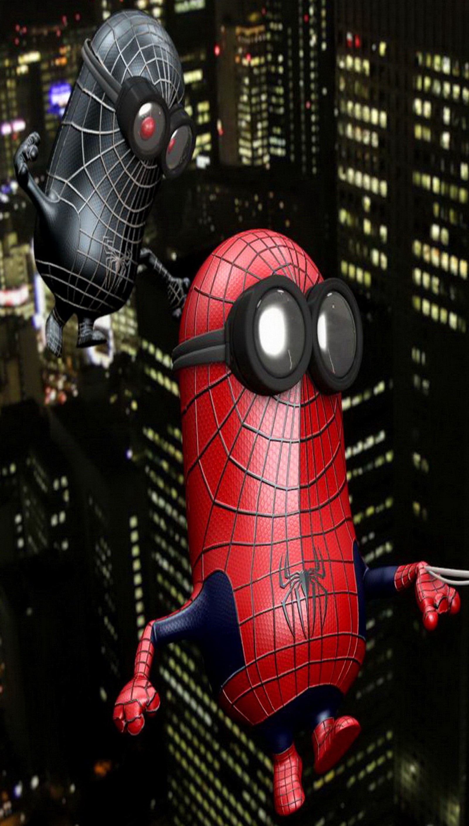 Spider-man et un ballon spider-man volant au-dessus d'une ville la nuit (cartoon, moi moche et méchant, despicable me, minion araignée)