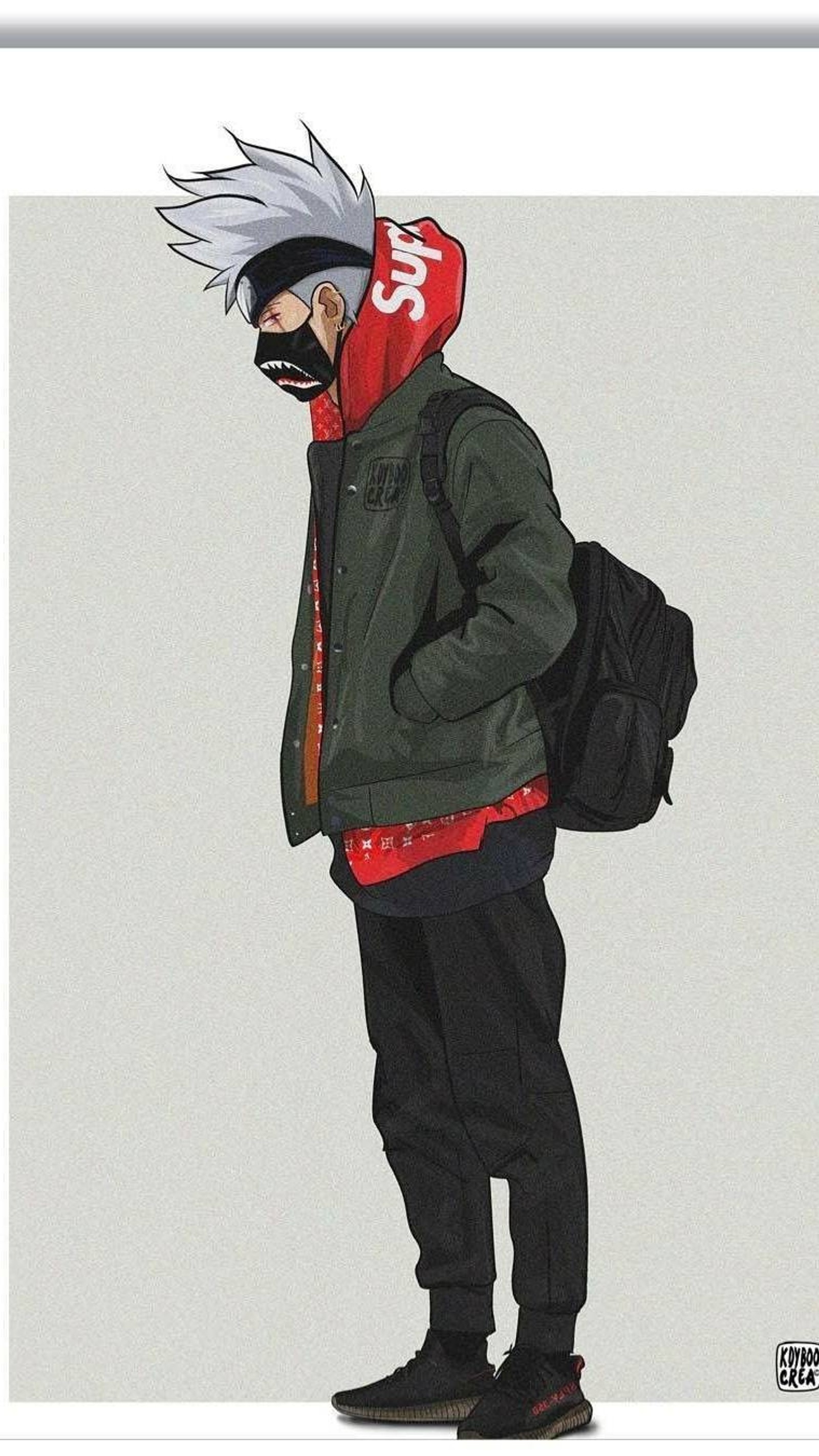 Personnage d'anime avec un sac à dos debout devant un fond blanc (kakashi, supreme)