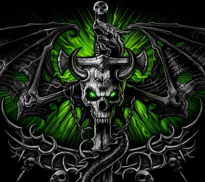 Dark Fantasy Skull with Sword and Wings Wallpaper