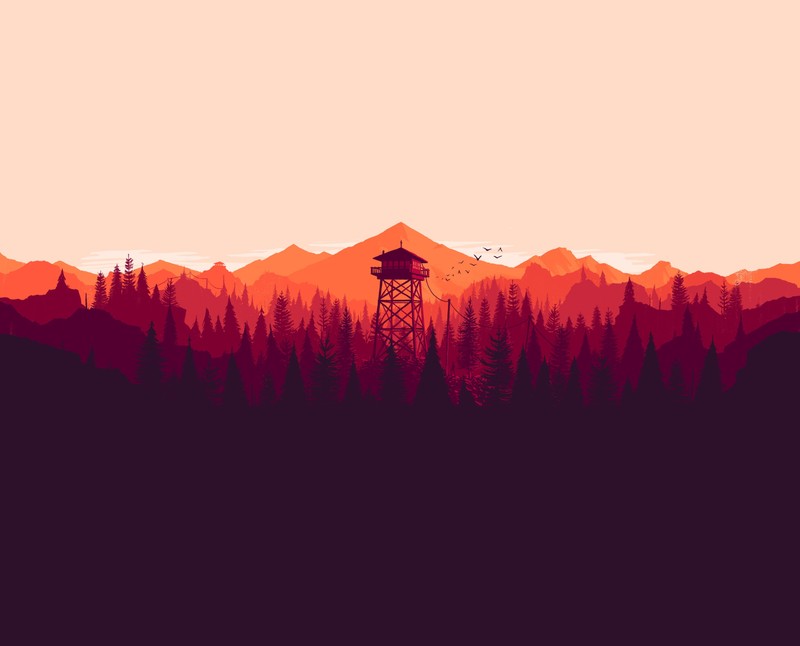 Силуэт башни в центре леса (пожарная охрана, firewatch, пейзаж, горы, природа)