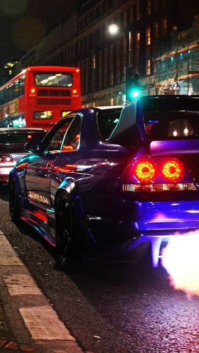 Nissan R33 Skyline with Exhaust Flames on a City Street at Night