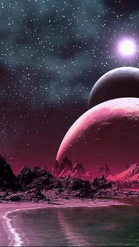 galaxy, moon, pink, planet, sky