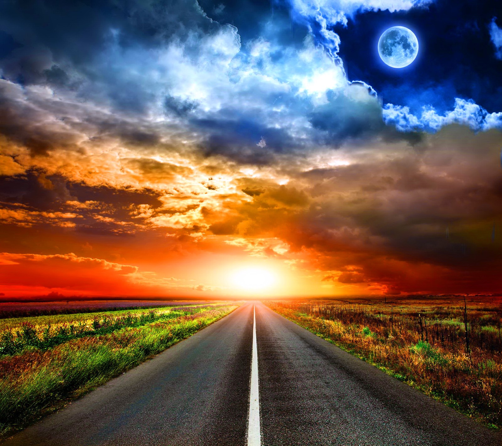 A road with a sunset and a full moon in the sky (background, colors sky moon, sunset road)