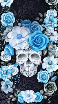 Rosas azules y calaveras: Un diseño floral impactante