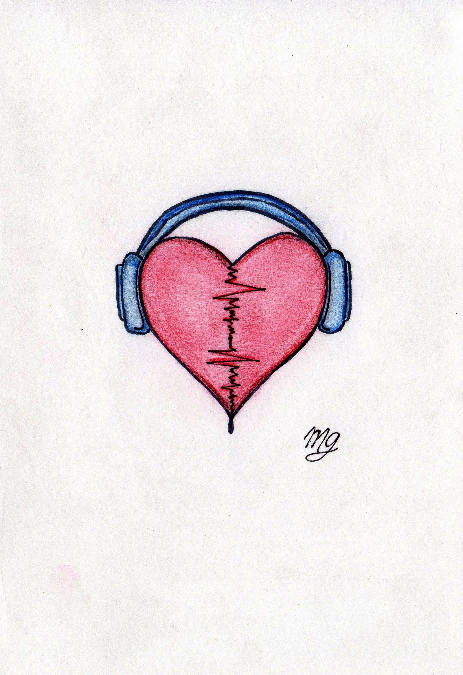 Dessin d'un cœur avec des écouteurs et un battement de cœur. (cœur, musique, dessin, amour)