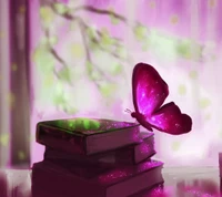 Colorful Butterfly Among Stacked Books