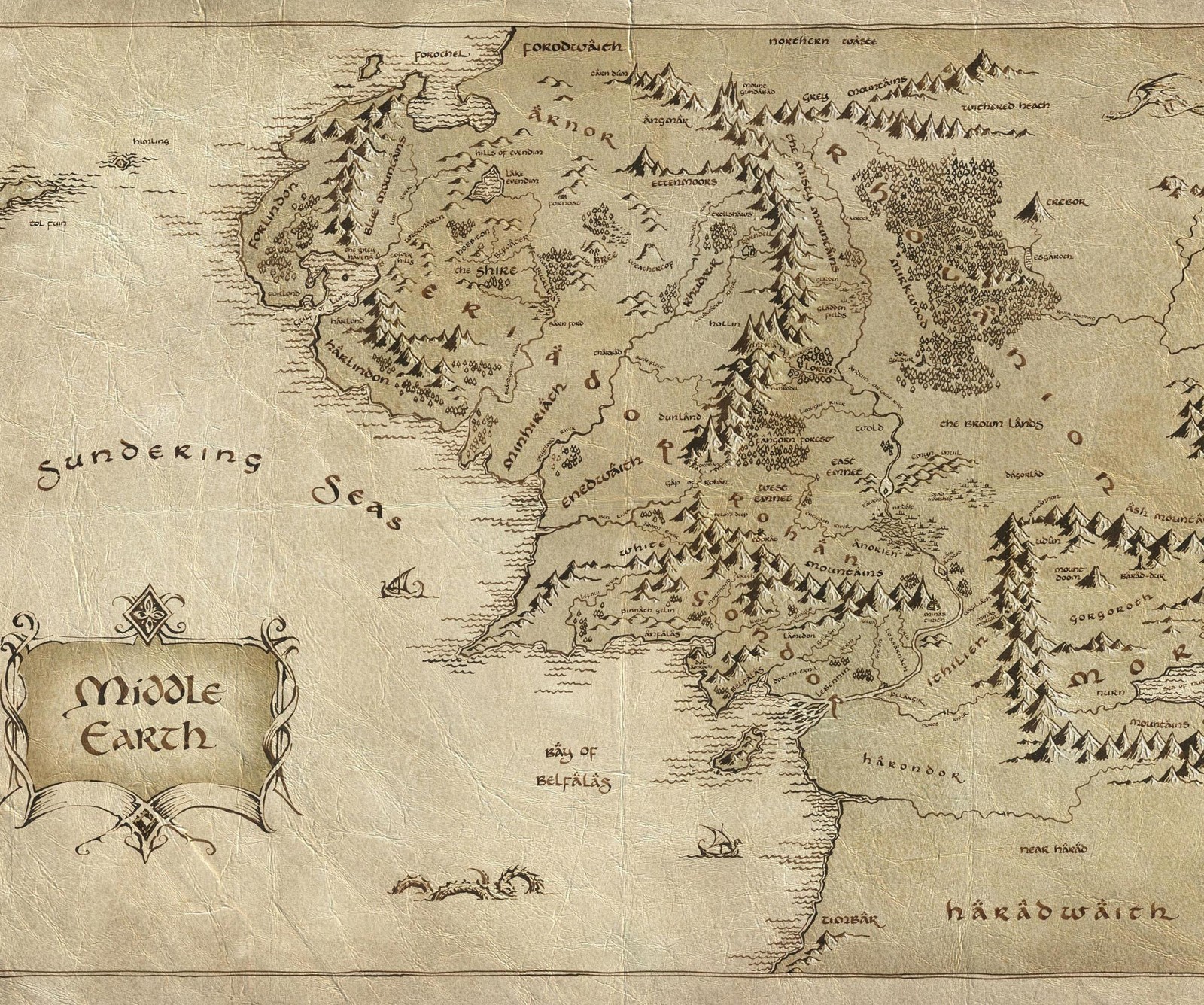 Um close em um mapa da terra média com muitas árvores (terra, hobbit, o senhor dos anéis, lotr, mapa)