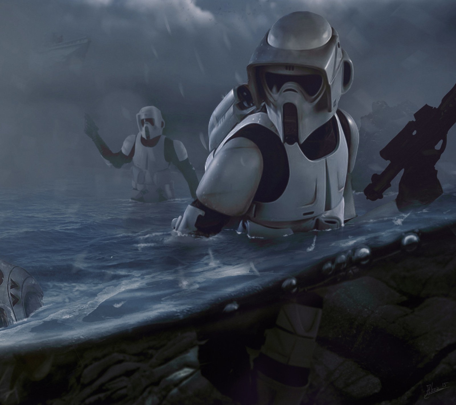 Hay muchos stormtroopers en el agua con armas (imperio, endor, película, saga, soldados)