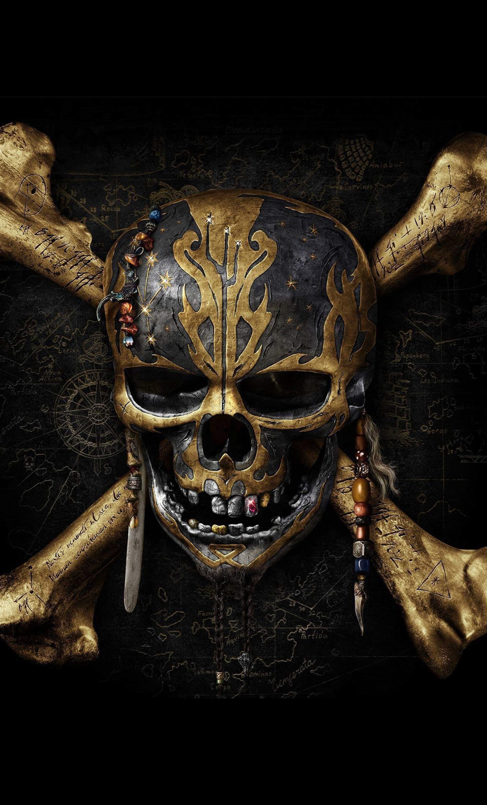 Calavera de pirata con fondo de mapa (caribeño, jack, piratas, cartel, gorrión)