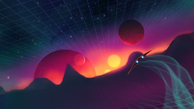 Retro-Futuristic Voyage: A Synthwave Spaceship Amidst Cosmic Landscapes