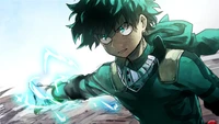 Izuku Midoriya unleashing his Quirk in a dynamic battle pose from My Hero Academia.