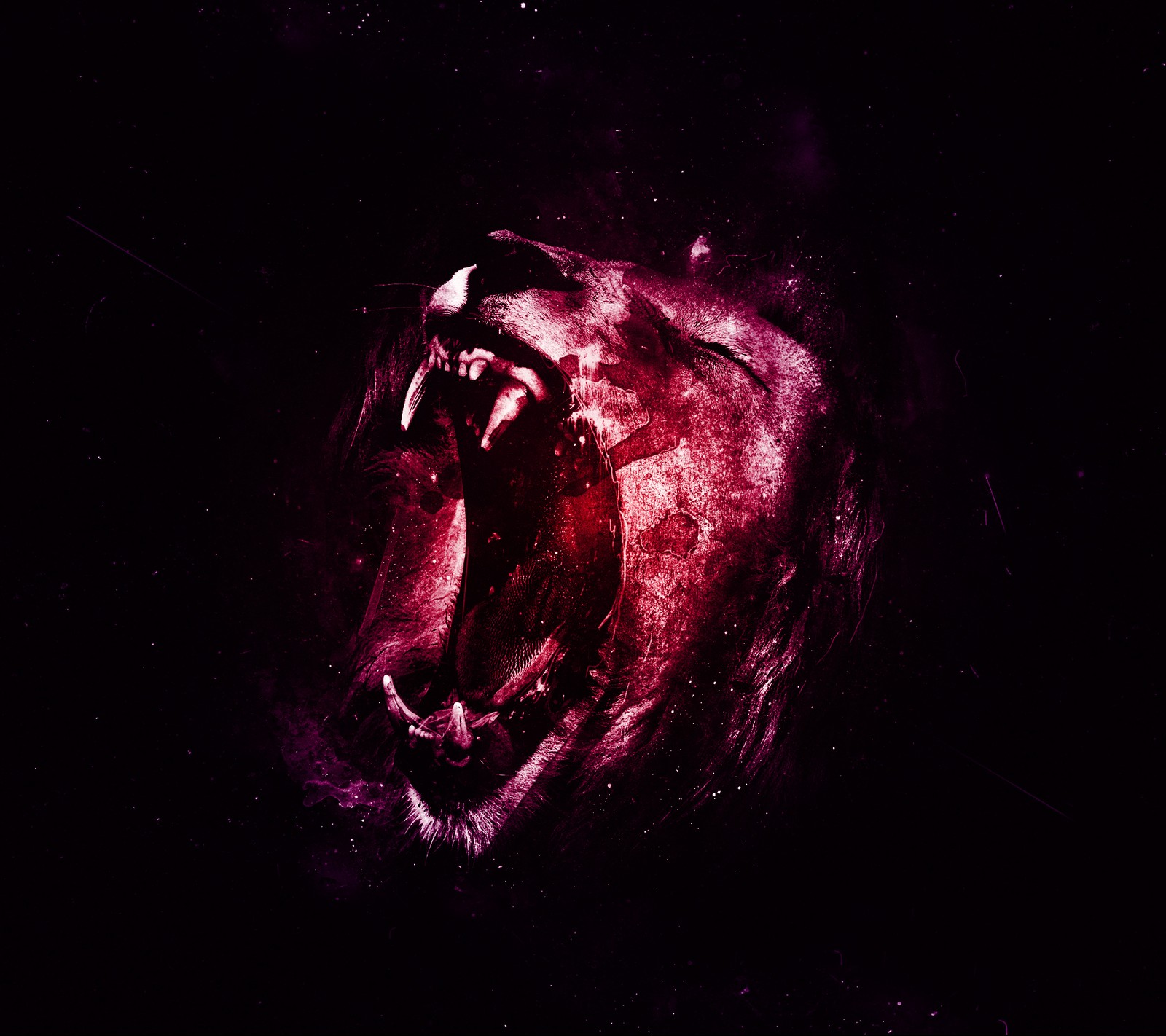 Araffe in the dark with a red background and a black background (galaxy, lion, nebula, purple, red)