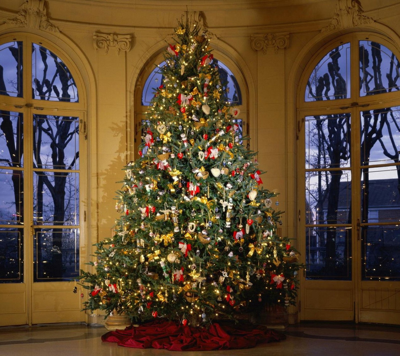 A close up of a christmas tree in a room with windows (christmas, happy, merry christmas, new year)