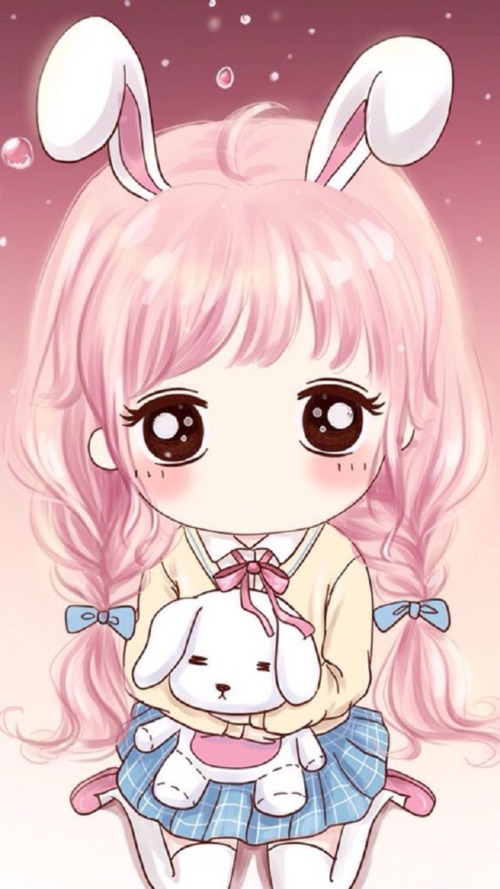 Anime girl with pink hair and bunny ears holding a white rabbit (cute, girl)