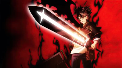 Asta de Black Clover empuñando una espada brillante contra un fondo rojo ardiente.