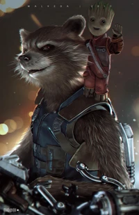 Raketenwaschbär und Baby Groot in einer dynamischen, heroischen Pose, die ihre Bindung als Beschützer der Galaxie zeigt.