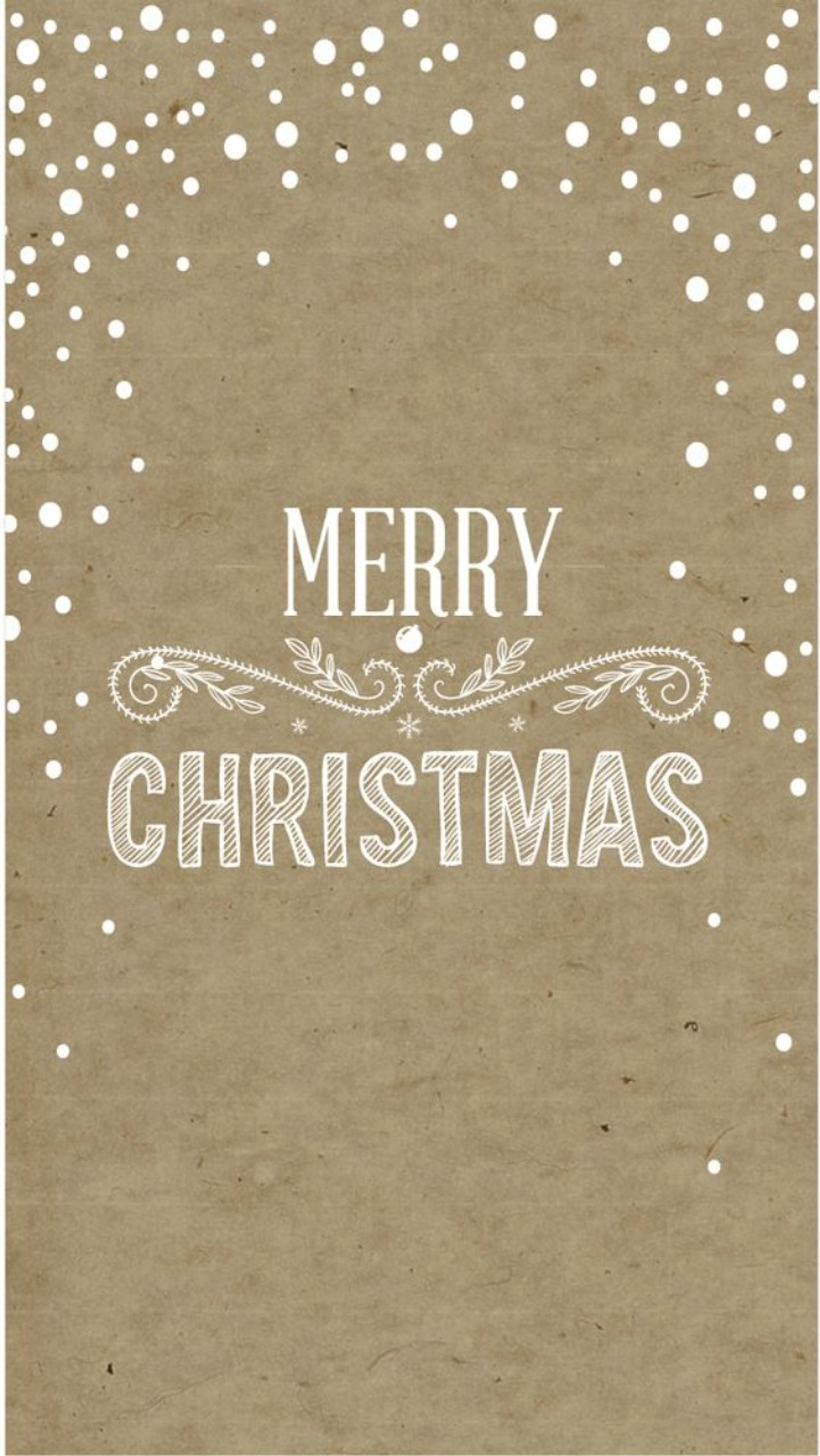 A brown christmas card with a white lettering on it (merry christmas, snow)