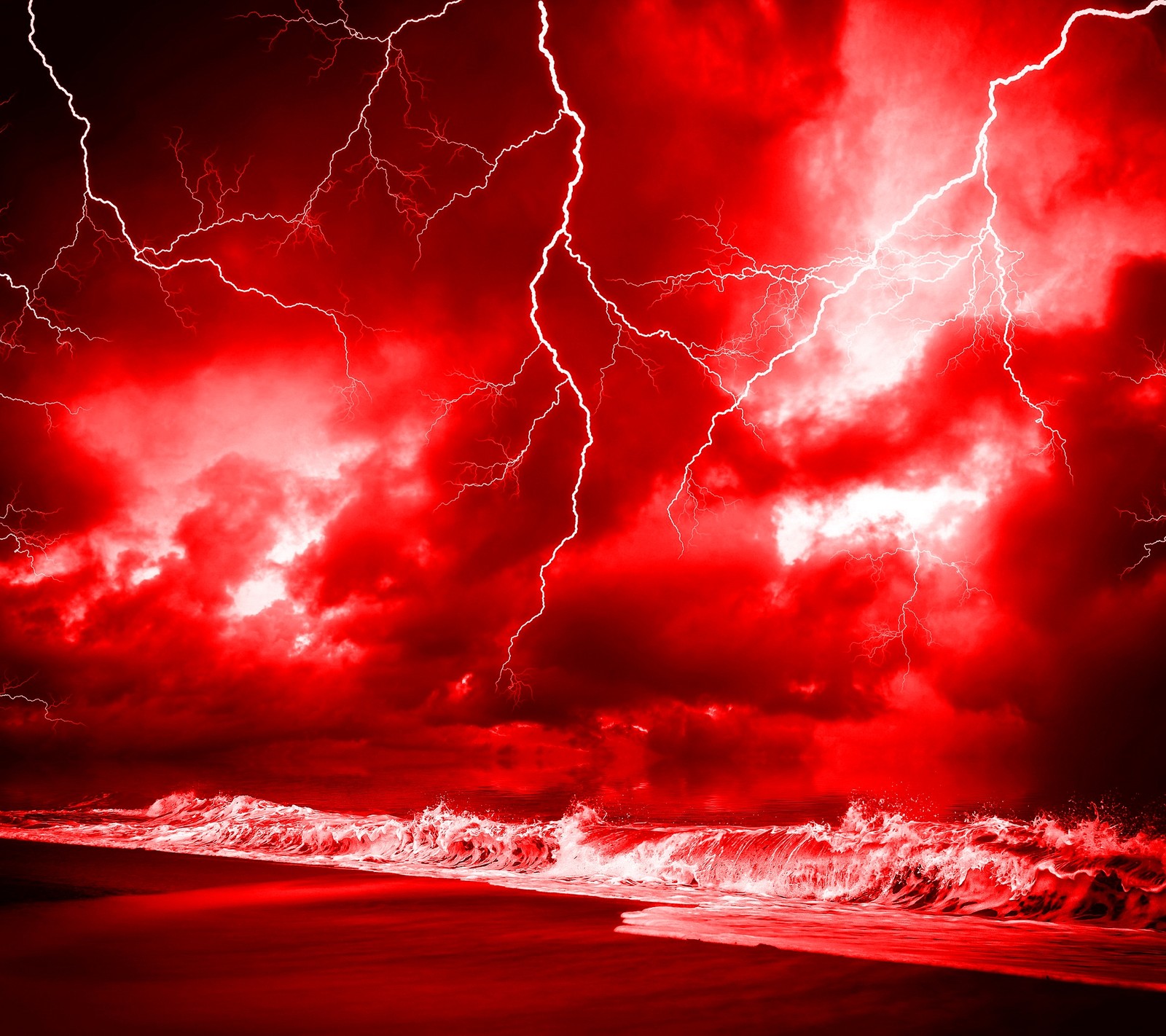 A close up of a red sky with lightning coming out of it (beach, bolt, lightning, ocean, sand)