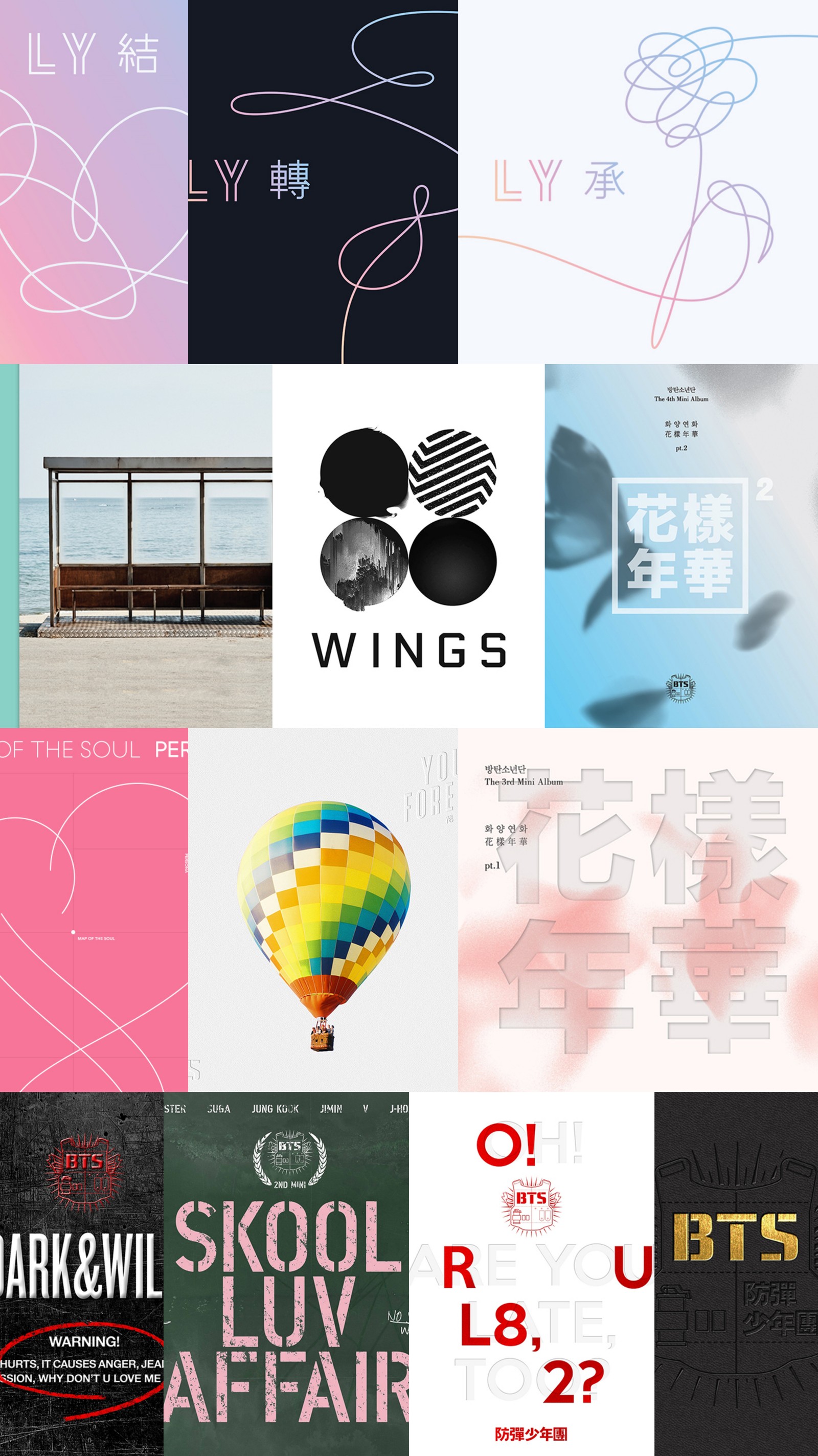 Un primer plano de un montón de carteles con diferentes estilos de fuente (bts, dark and wild, ámate a ti mismo, persona, alas)