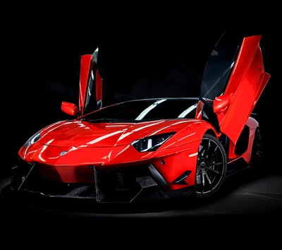 Superbe Lamborghini Aventador rouge avec des portes qui se replient vers le haut en haute définition.