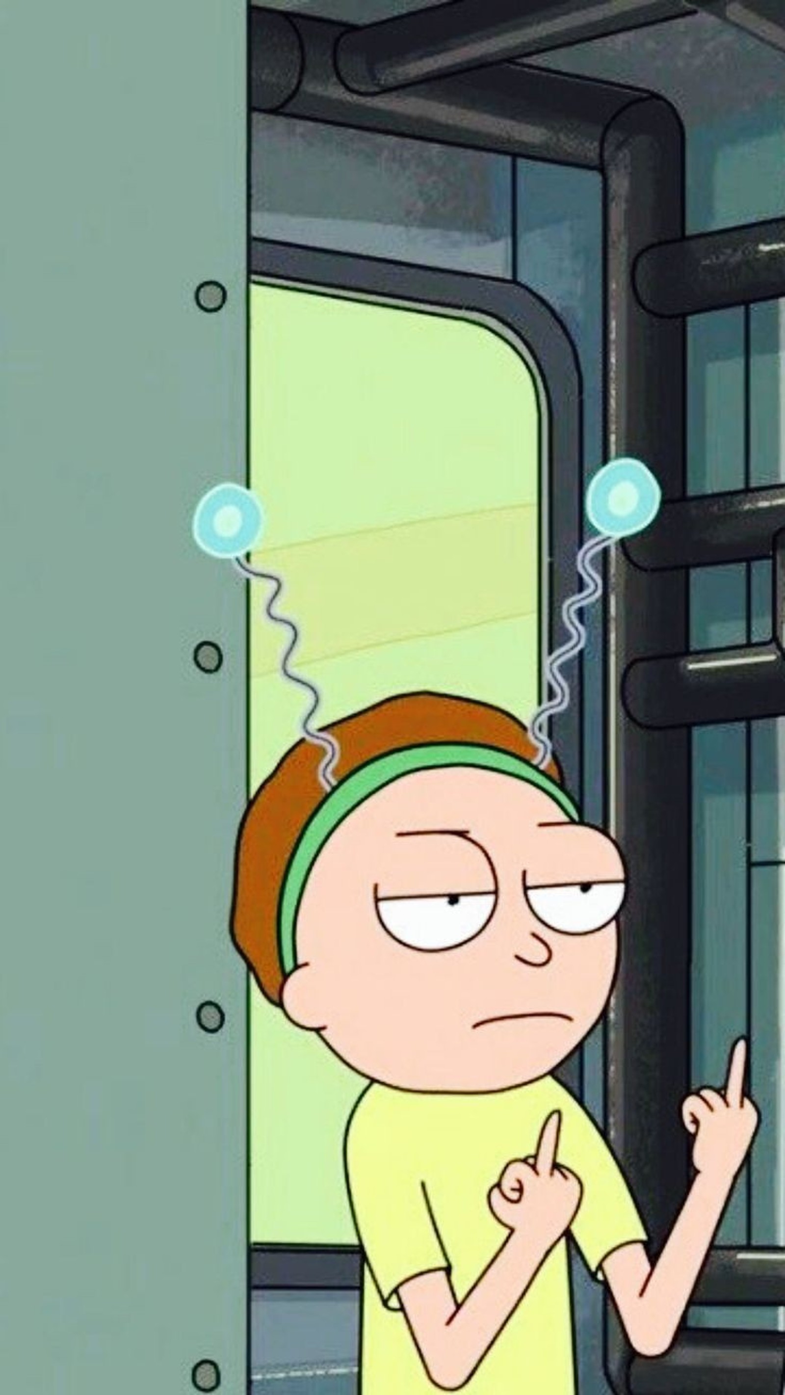 A close up of a person standing in a train looking at something (cartoon, rick and morty)