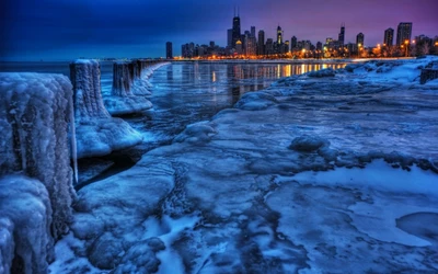 Frozen Serenity: Chicago Skyline Reflects on Icy Lake Michigan at Dusk