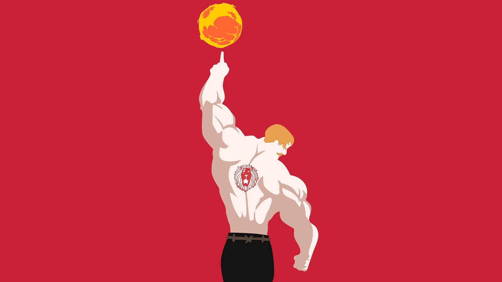 Um homem de desenho animado segurando uma bola de basquete na mão (escanor, sol cruel, leão pecado de orgulho, minimalista, minimalismo)