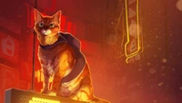 Uma representação de arte digital de um gato empoleirado em um letreiro iluminado por néon, exalando uma sensação de aventura em uma paisagem urbana futurista.