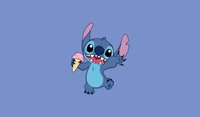 Stitch from Disney Holding Ice Cream Against a Blue Background