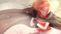 Sakura Haruno dans une pose dynamique, entourée de pétales tourbillonnants et d'un arrière-plan dramatique.