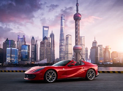 ferrari 812 gts, shanghai, red cars, cityscape, skyscrapers