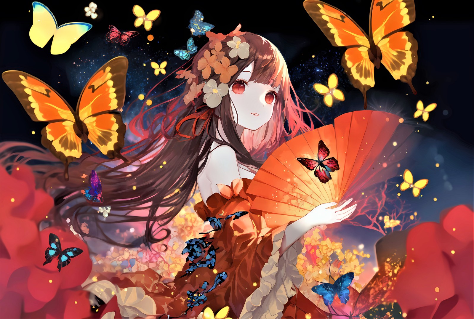 anime girl, butterflies, surreal, colorful background, 5k wallpaper