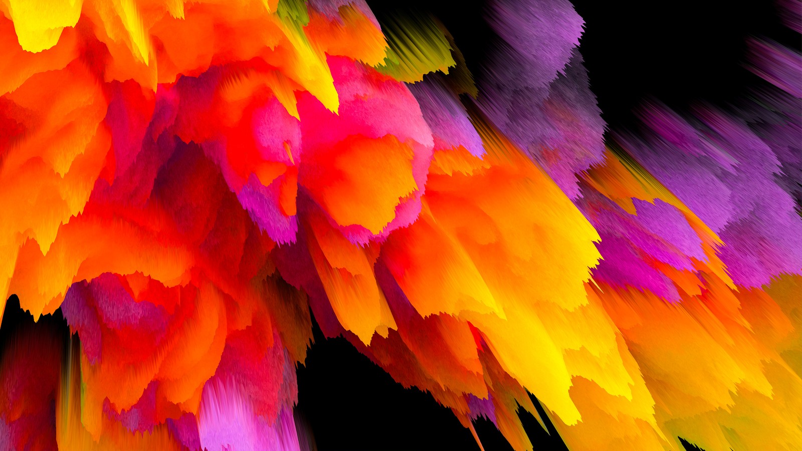 A close up of a bunch of colorful flowers on a black background (abstract, colorful, dispersion, digital art)