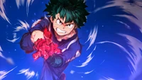 Izuku Midoriya unleashes his determination and power in a dynamic action pose.