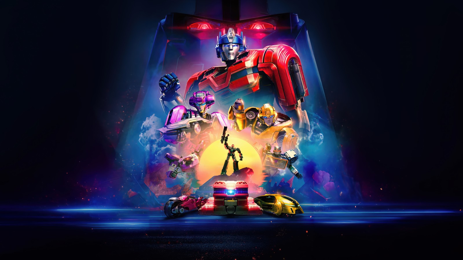 Une affiche du film transformers avec un robot entouré d'autres personnages (transformers un, transformers one, film, transformers, personnages)