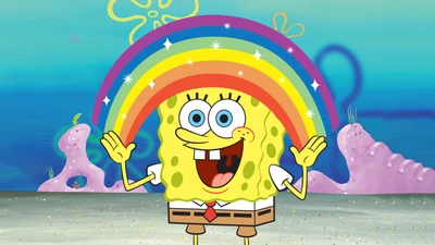 SpongeBob Schwammkopf feiert unter einem hellen Regenbogen