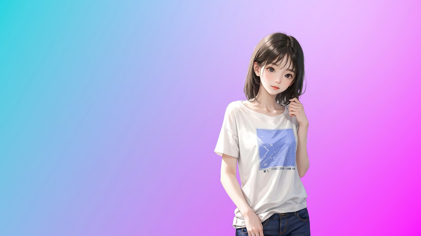 Una mujer en una camisa blanca y jeans azules posando para una foto (lindo, niñas de anime, anime, ia, arte digital)