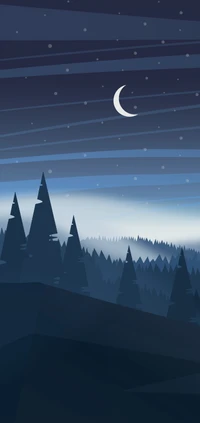 Crescent Moon Over Misty Forest Landscape at Night